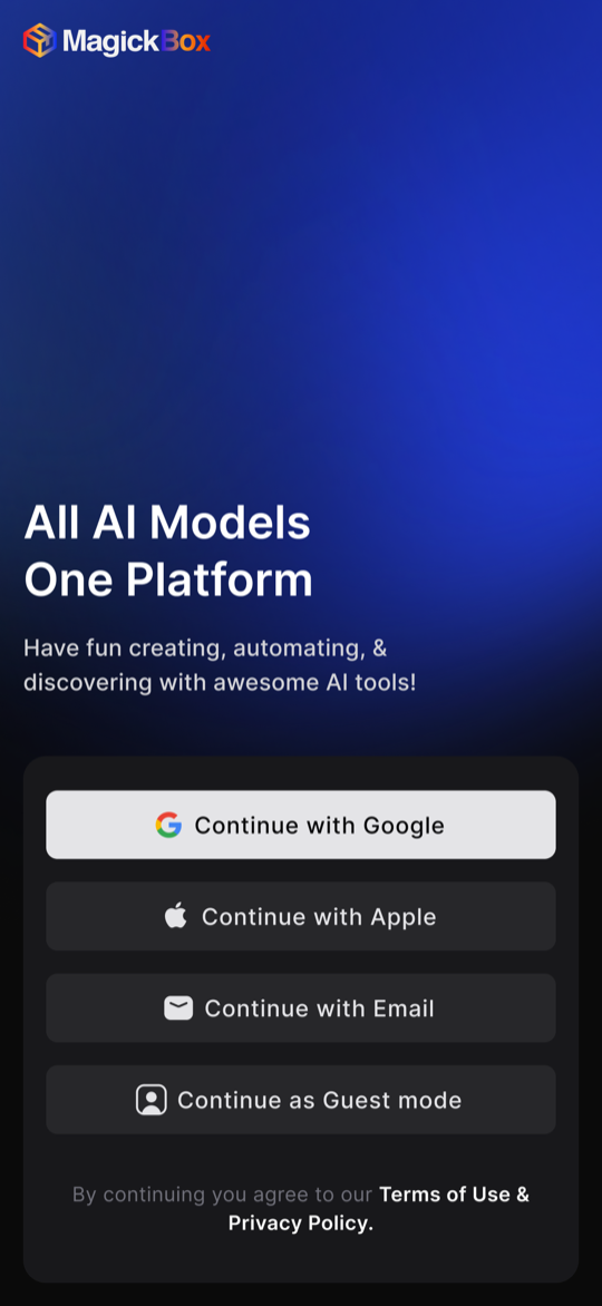 Magick Box welcome screen — All AI Models, One Platform, with sign-in options