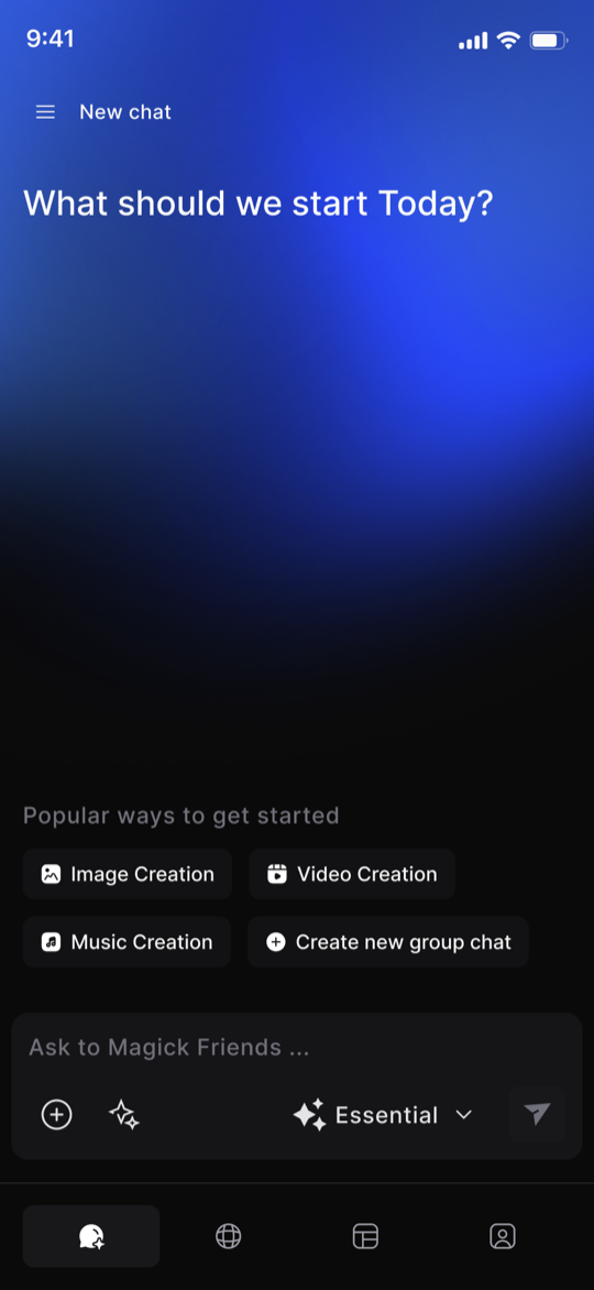 Magick Box home screen with image, video, music and group-chat shortcuts