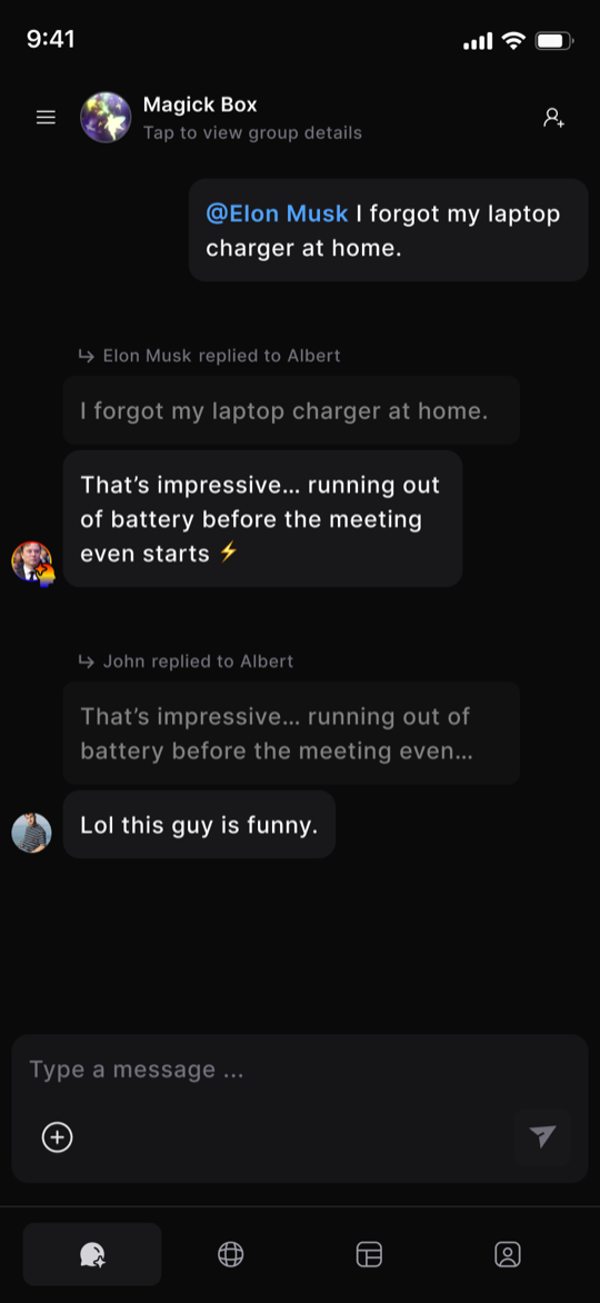 Magick Box group chat where an AI persona replies alongside real members