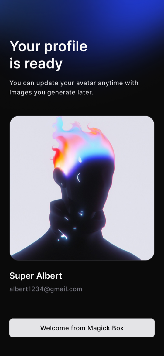 Magick Box profile screen with an AI-generated avatar