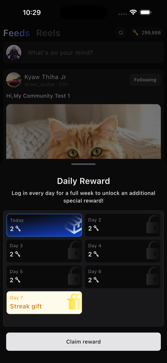 Magick Box daily reward screen with a seven-day streak and claim button