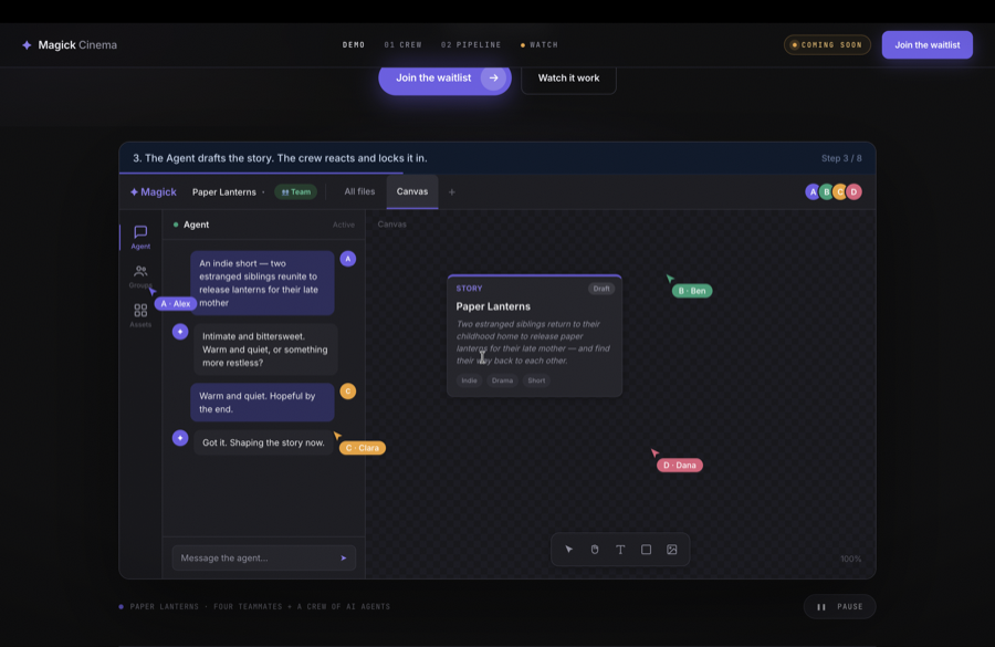 Magick Cinema AI agent drafting a story while the crew reacts and signs off