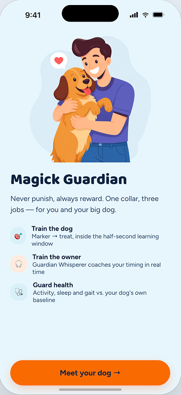 Magick Guardian welcome screen — one collar, three jobs, reward-only