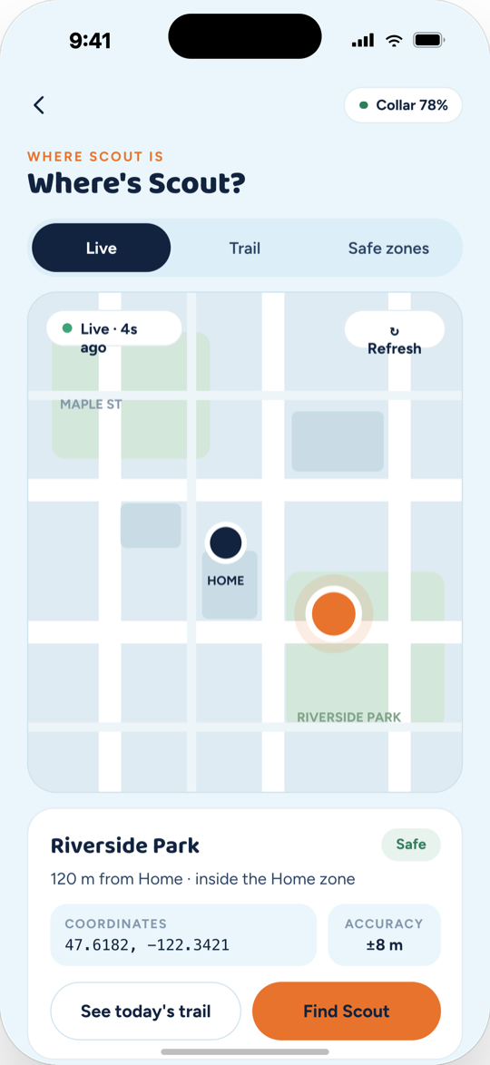 Magick Guardian live location map showing where the dog is right now