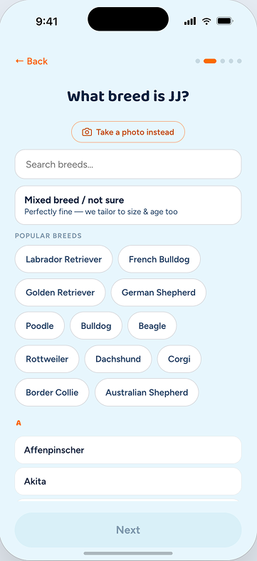Magick Guardian onboarding breed picker with a mixed-breed option
