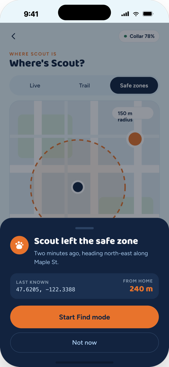 Magick Guardian alert that the dog left the safe zone, with a Start Find mode button
