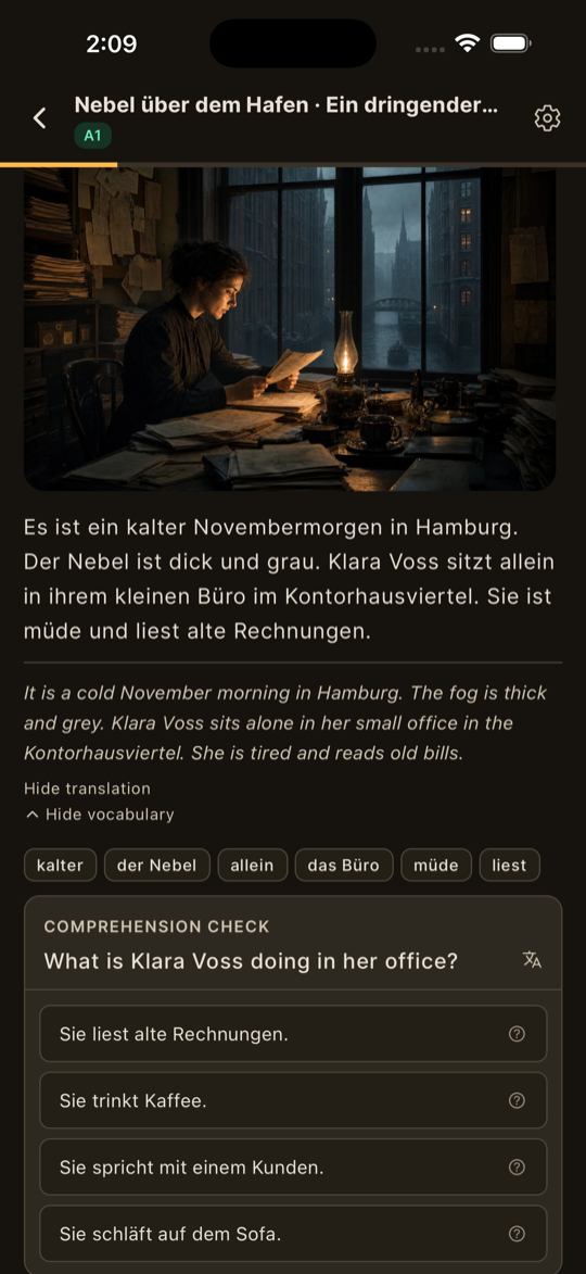 Magick Learn story scene — a paragraph of German narrative with tap-to-reveal translation